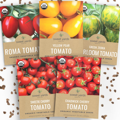 Sweet Yards organic cherry tomato seed pack front view, ideal for indoor or outdoor home gardening.