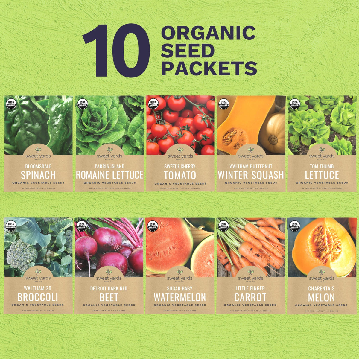 Sweet Yards seed pack label close-up shows variety names