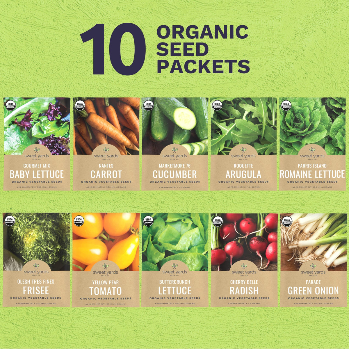 Sweet Yards Organic Salad Lover Seeds Parade Green Onion seed packet for crisp flavor.