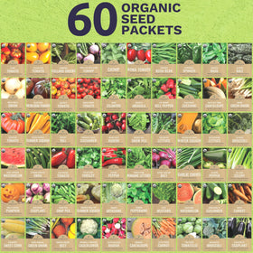 Sweet Yards 60-packet display highlighting diverse seed options for indoor and outdoor planting