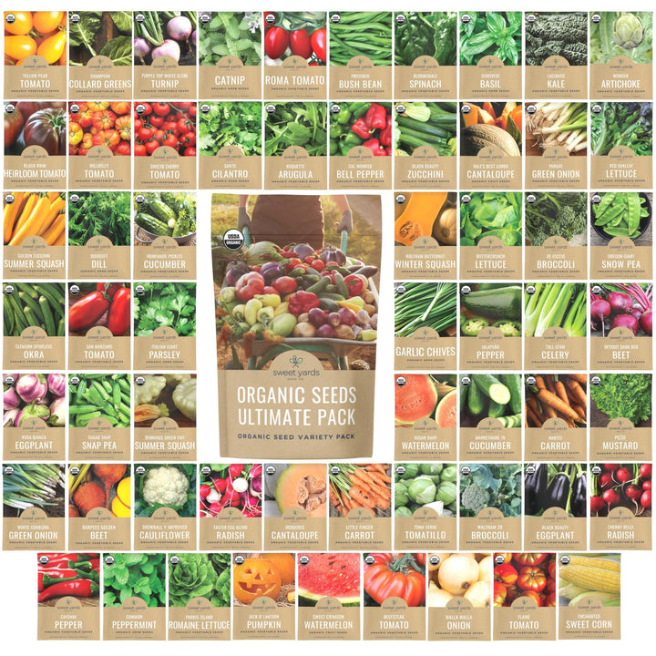 Sweet Yards Organic Seeds Ultimate Variety Pack cover showing diverse seed packets for home gardening