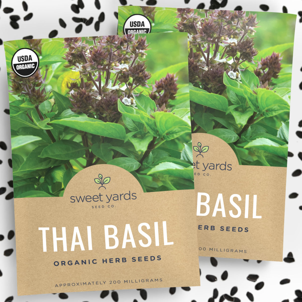 Sweet Yards Organic Thai Basil seeds packet front, ready for planting.