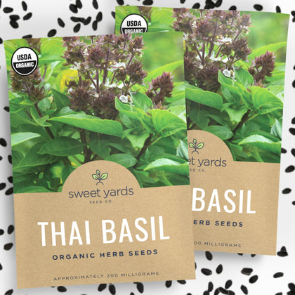 Sweet Yards Organic Thai Basil seeds packet front, ready for planting.