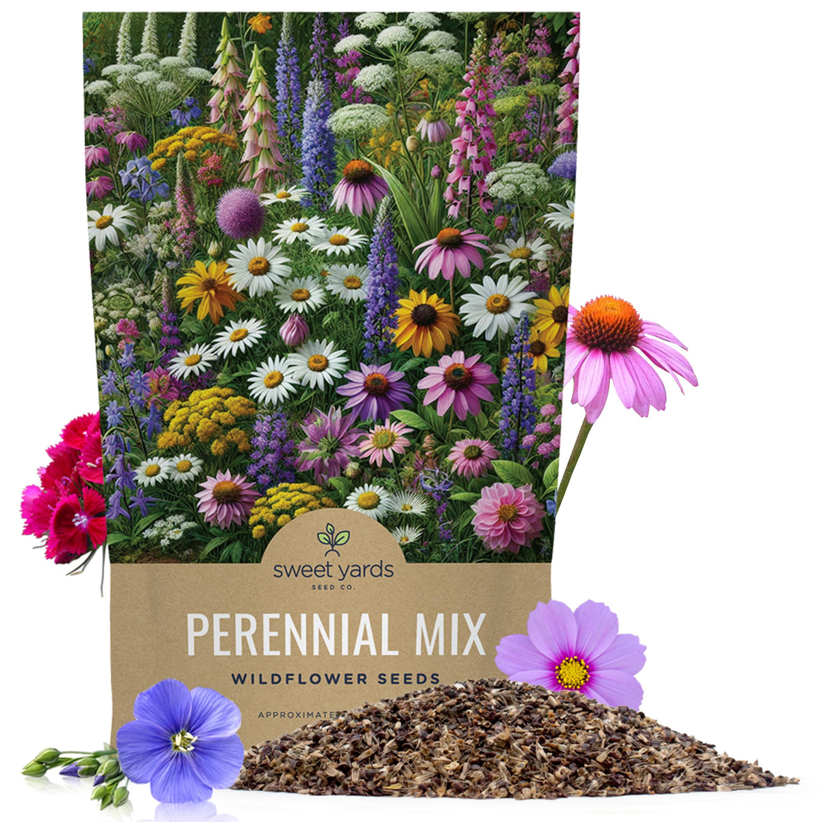 Sweet Yards quarter-pound bag of perennial wildflower seeds for a vibrant garden.