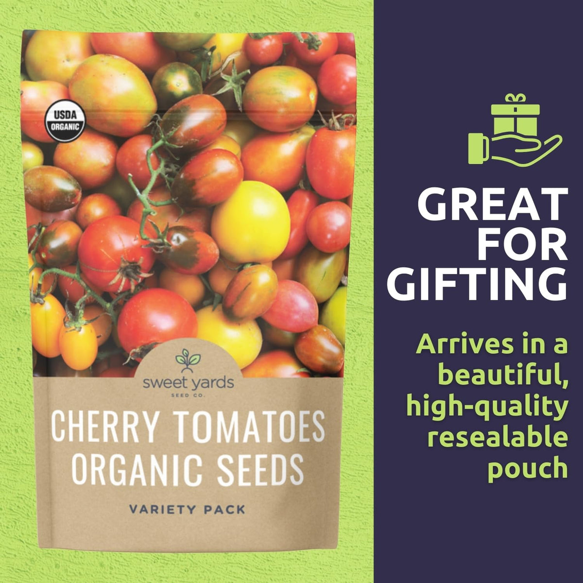 Sweet Yards premium packaging image demonstrates storage and planting instructions.