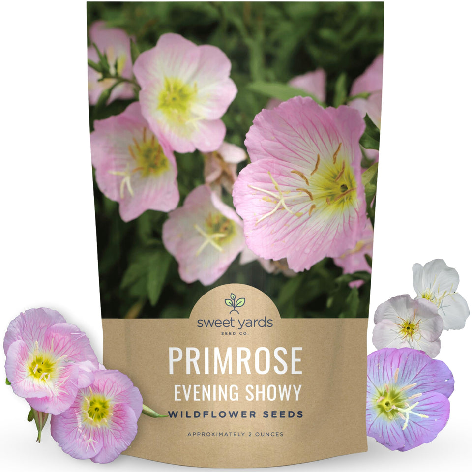 Sweet Yards Primrose Evening Showy bulk packaging with planting instructions for easy starting.