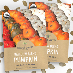 Sweet Yards Rainbow Blend pumpkin seeds front packaging with two packets for easy planting.