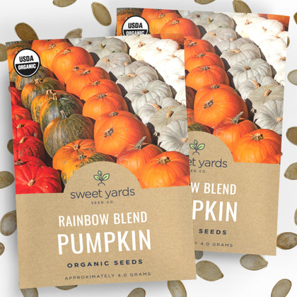 Sweet Yards Rainbow Blend pumpkin seeds front packaging with two packets for easy planting.