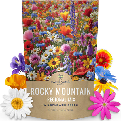 Sweet Yards Rocky Mountain Regional Mix seeds in a 4oz pouch for a vibrant pollinator meadow.