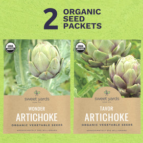 Sweet Yards Tavor Artichoke seed packet front showing compact variety for easy balcony growing