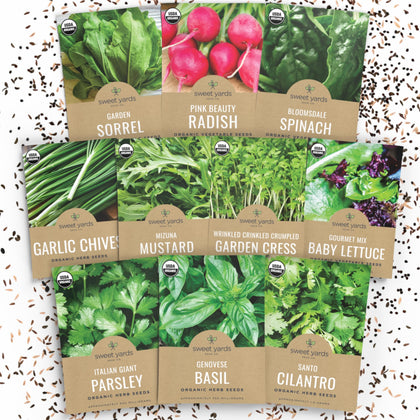 Sweet Yards window sill seeds cover showing compact indoor gardening setup for fresh herbs