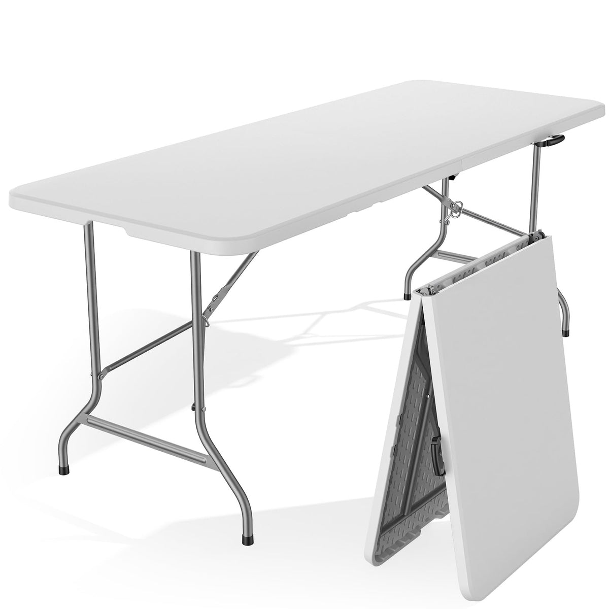 Sweetcrispy 6ft folding picnic table, folded for compact storage and easy transport.