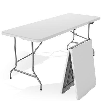 Sweetcrispy 6ft folding picnic table, folded for compact storage and easy transport.