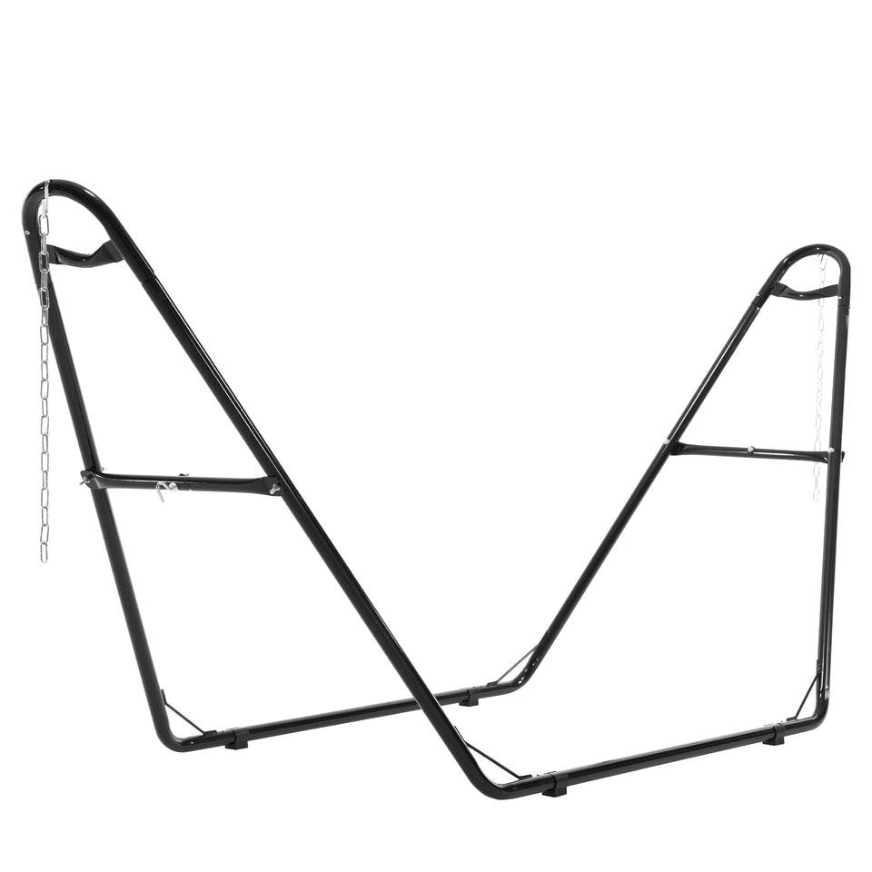 Sweetcrispy universal double hammock stand front view showing sturdy steel frame for outdoor lounging.
