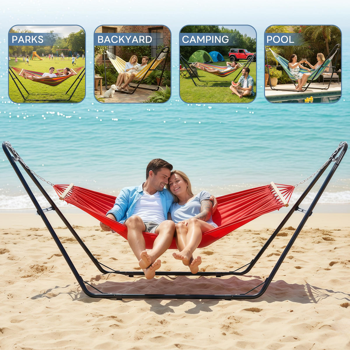 Sweetcrispy universal double hammock stand base with 57 inch crossbar for stability.