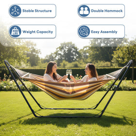 Sweetcrispy hammock stand in backyard with rust resistant coating for durability.