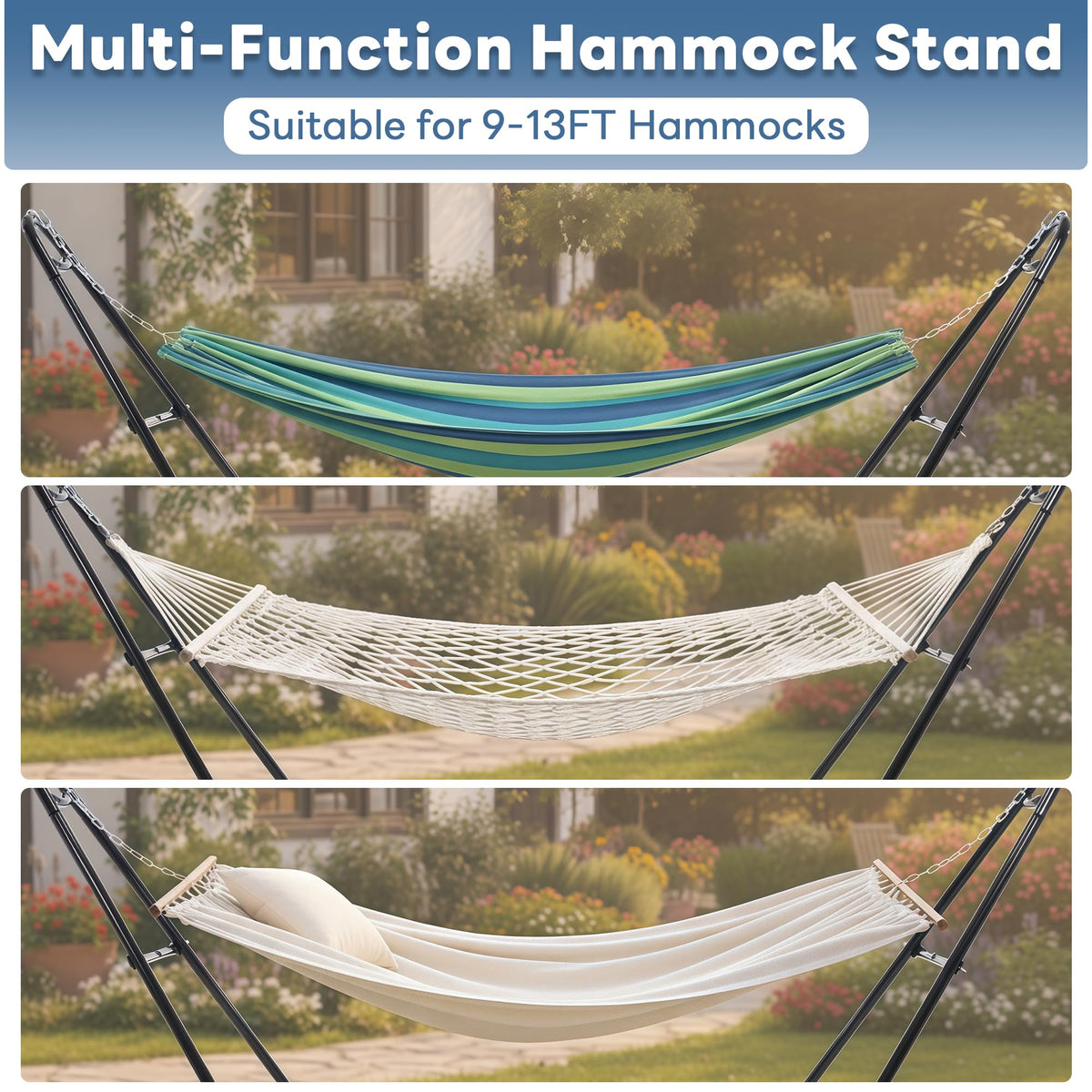 Sweetcrispy hammock stand ready for poolside or beach setting, portable for travel.