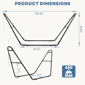 Sweetcrispy universal double hammock stand side view, compact footprint for patios.