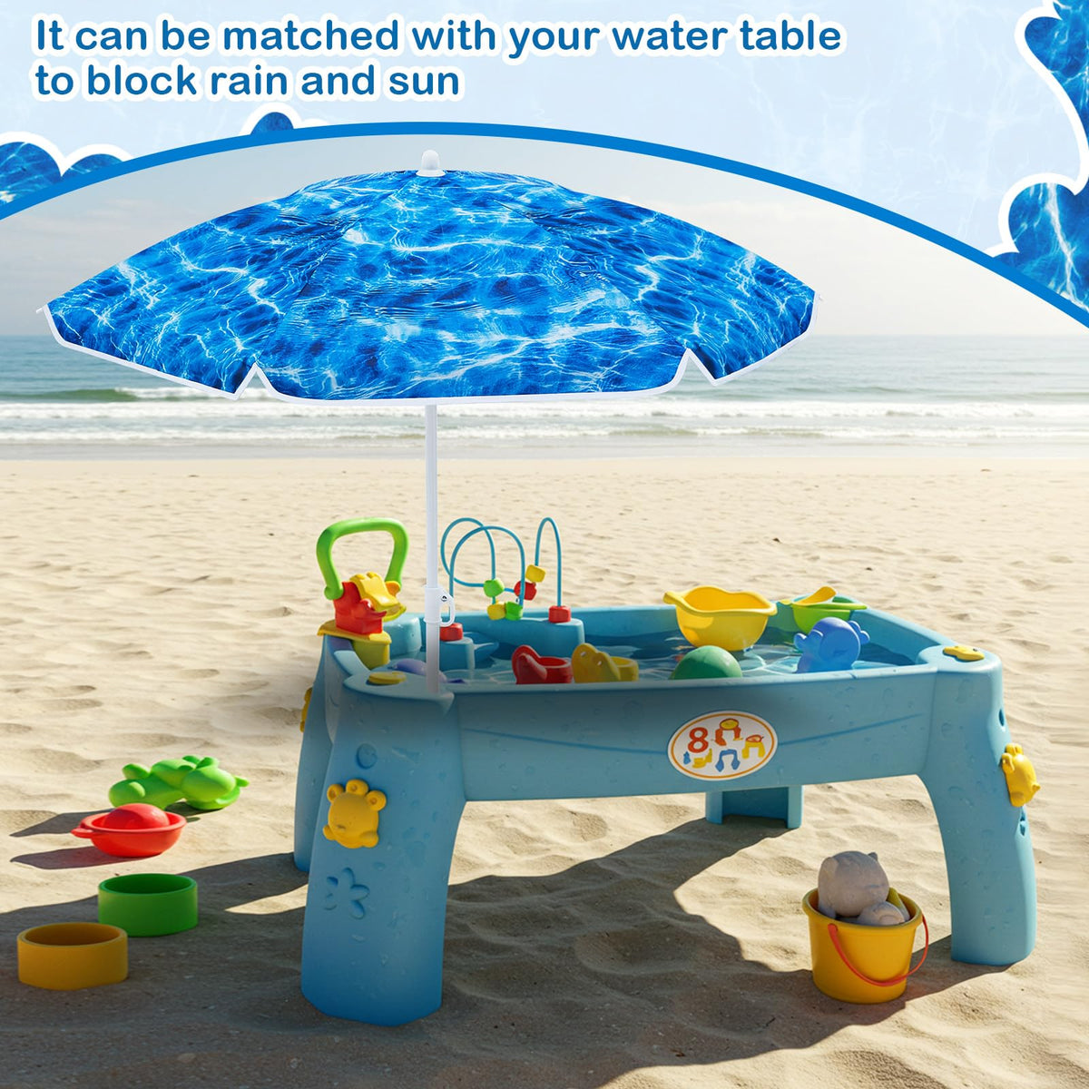 Sweetude umbrella anchors in sand or grass for stable shade.