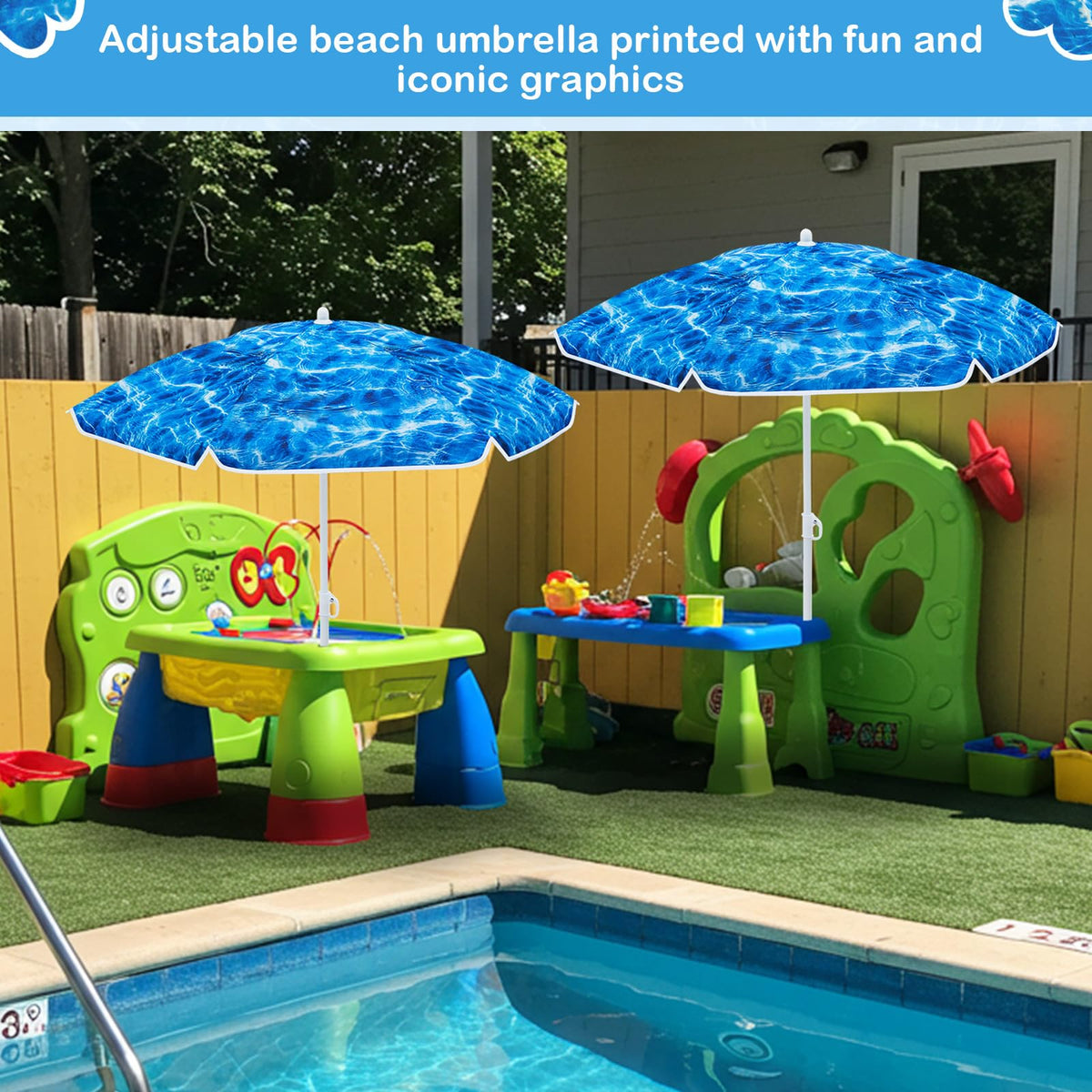 Sweetude ocean wave pattern on canopy for kid-friendly outdoor fun.
