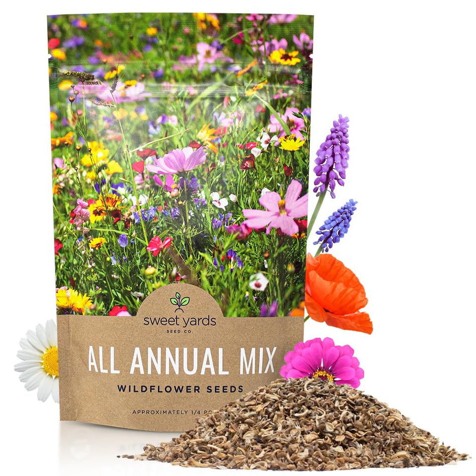 Sweet Yards bulk wildflower seeds mix in a bag for quick garden blooms.
