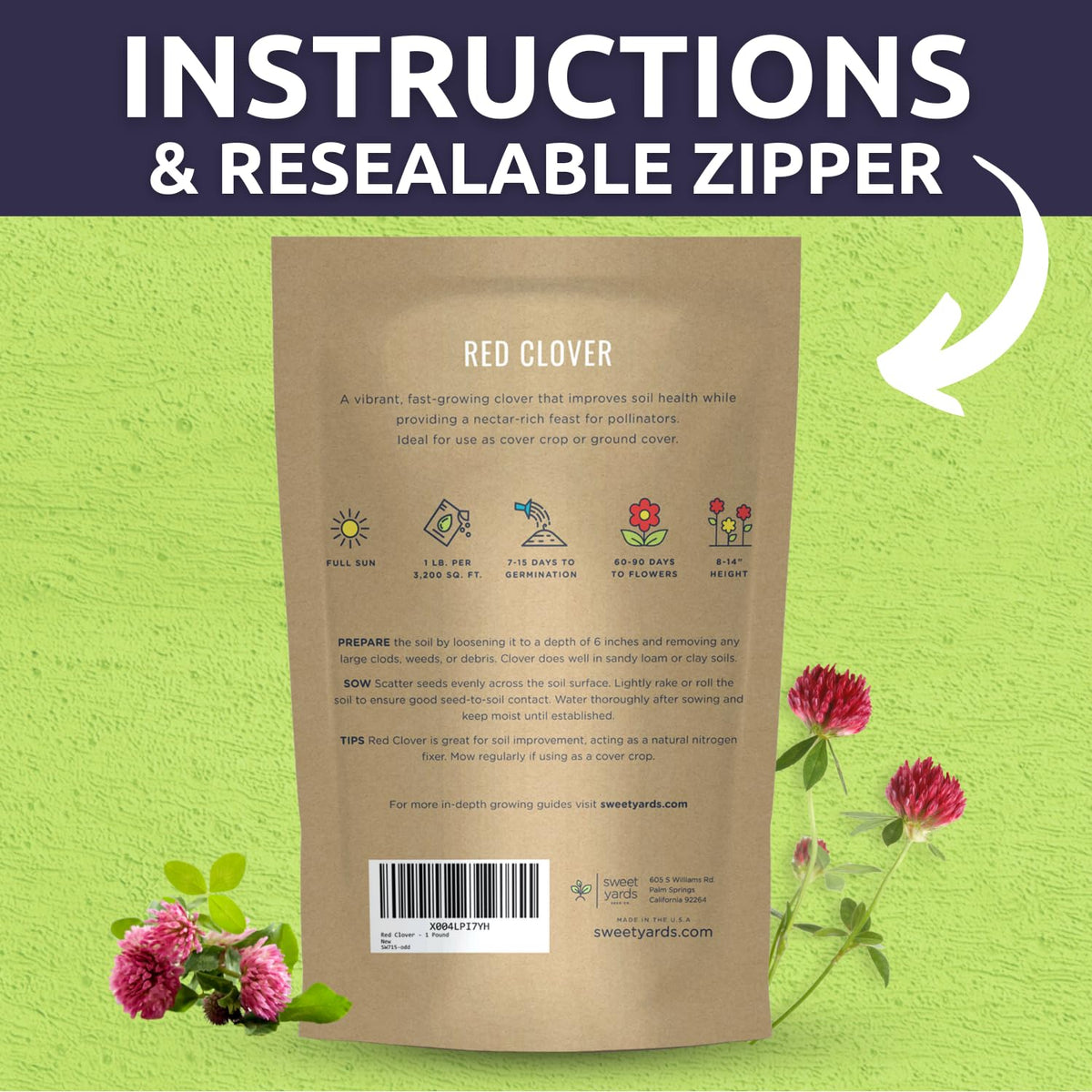 SWEET YARDS Premium packaging with a resealable zipper for easy seed storage.