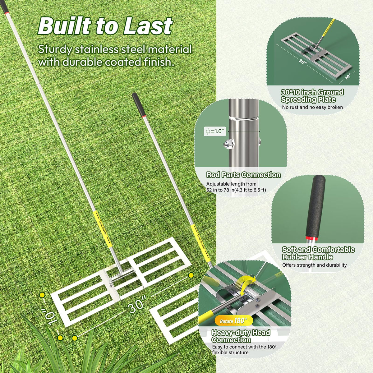 SWELGO lawn leveling rake soft rubber handle for comfortable use