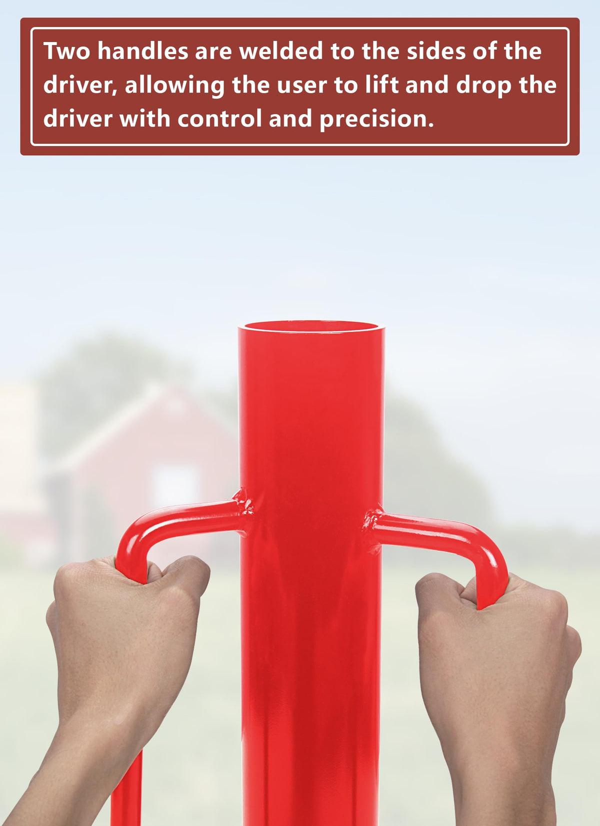 Swellisher fence post driver with dual handles enables controlled lifting and dropping.