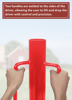 Swellisher fence post driver with dual handles enables controlled lifting and dropping.