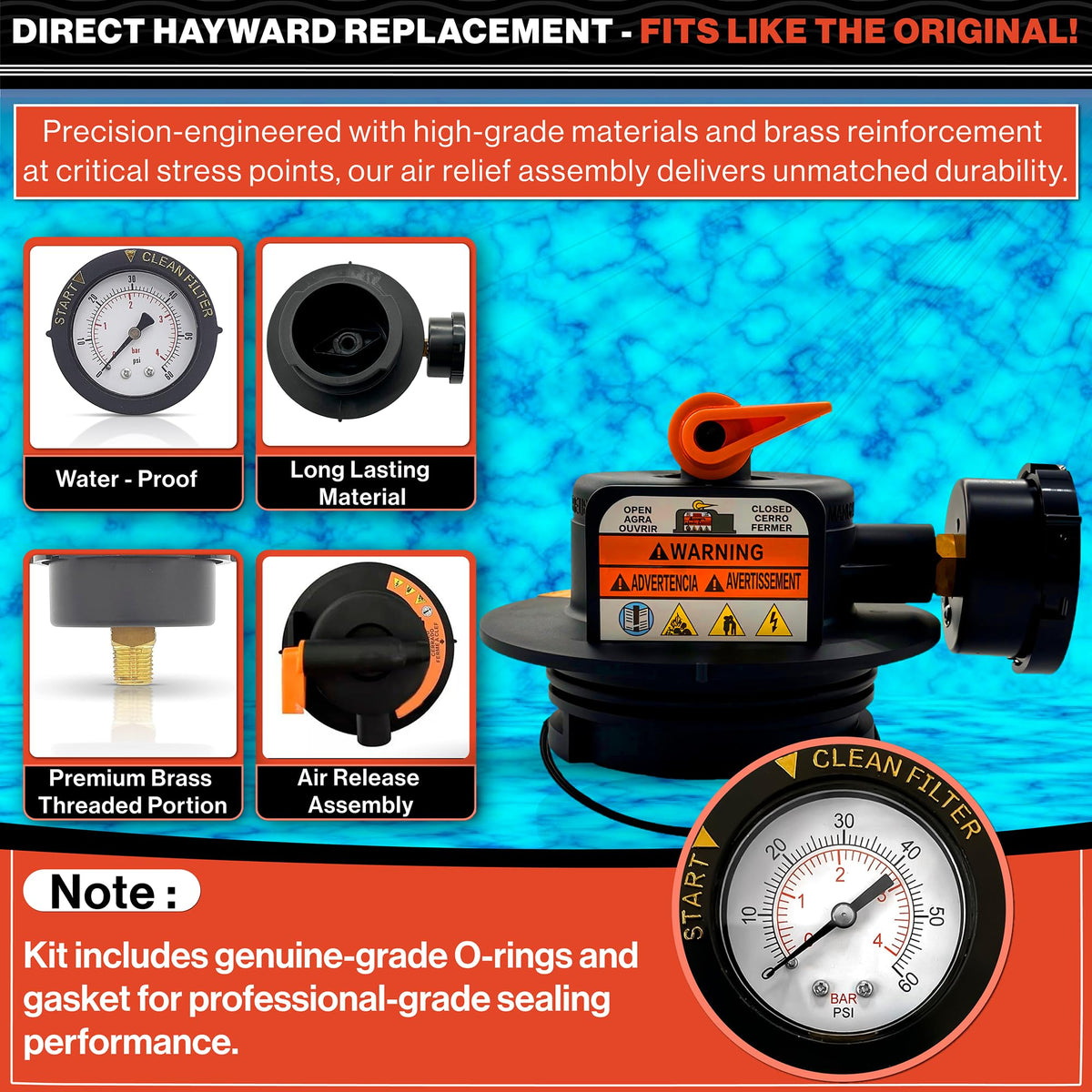 Swimables air-relief assembly shown with Hayward Pro-Grid DE filter compatibility