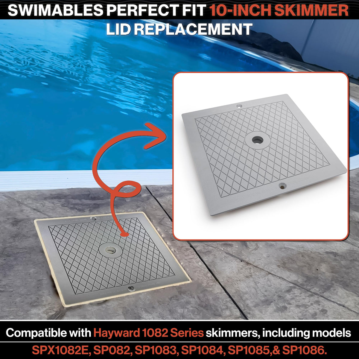 Close-up of replacement installation for Swimables skimmer lid.