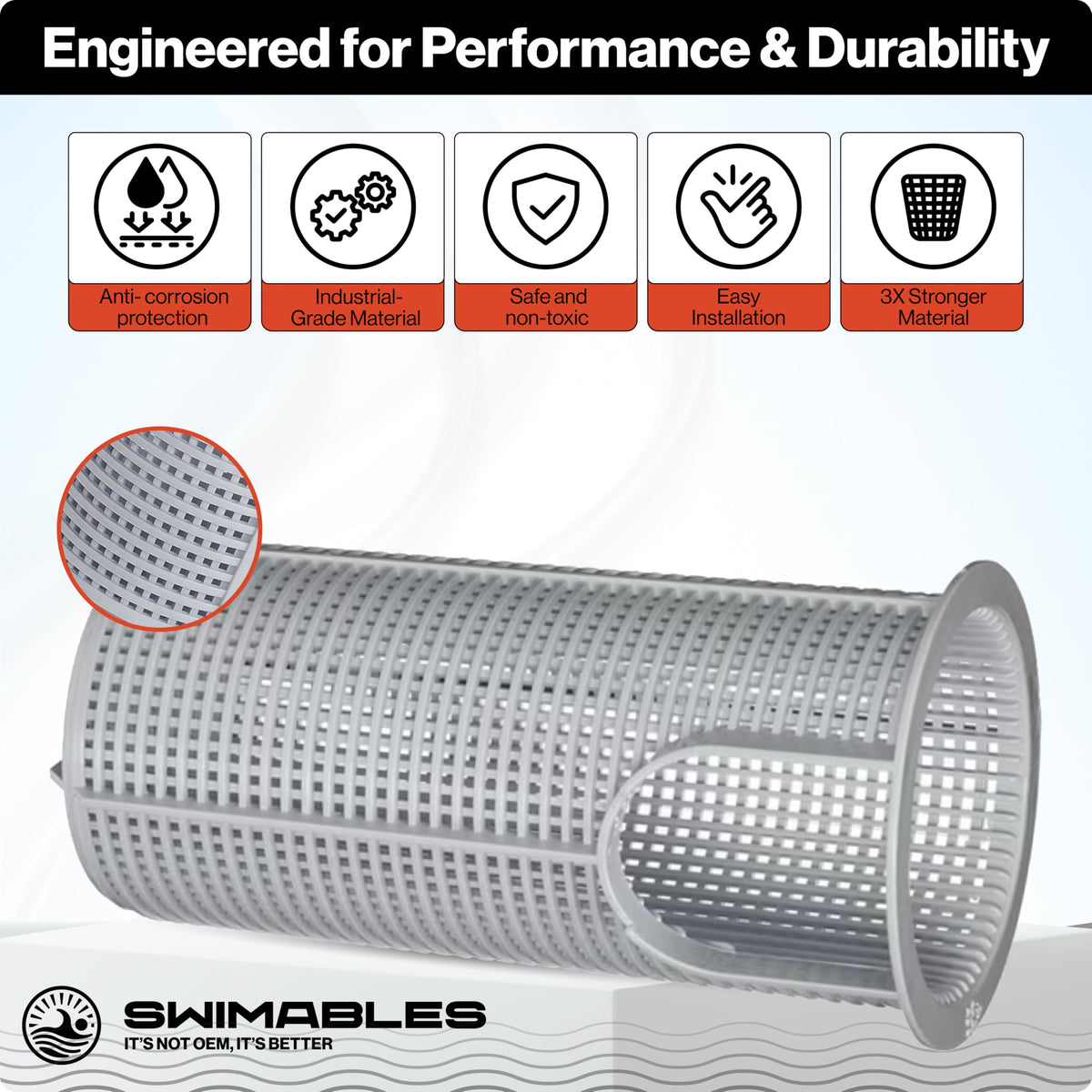 Swimables SPX2800M debris-grid design captures particles while maintaining flow.