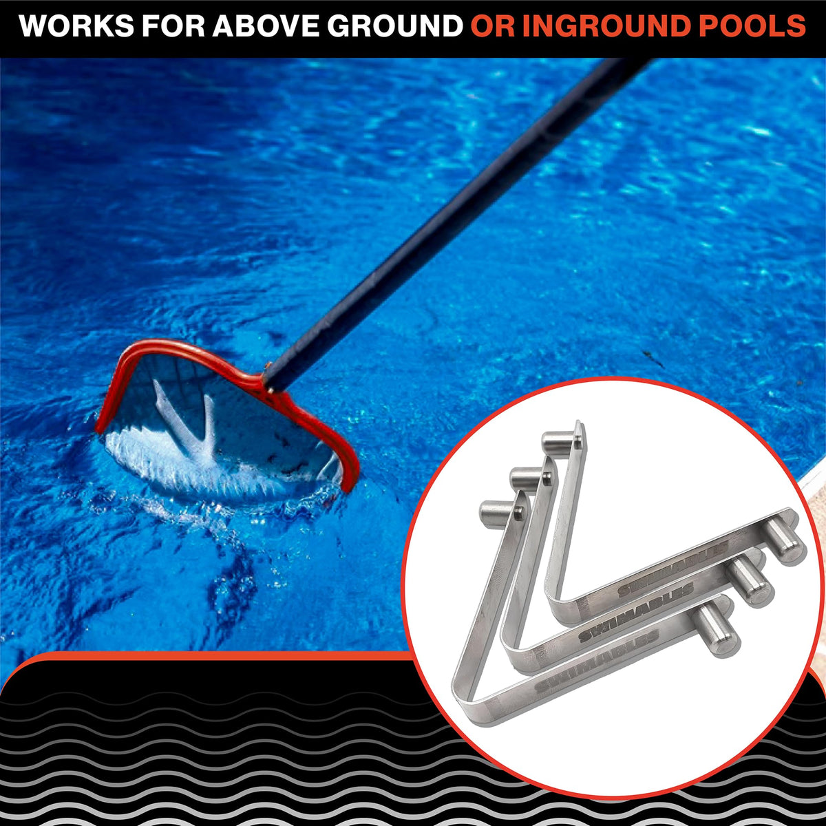 Swimables universal V-Clip in use on an above-ground pool skimmer.