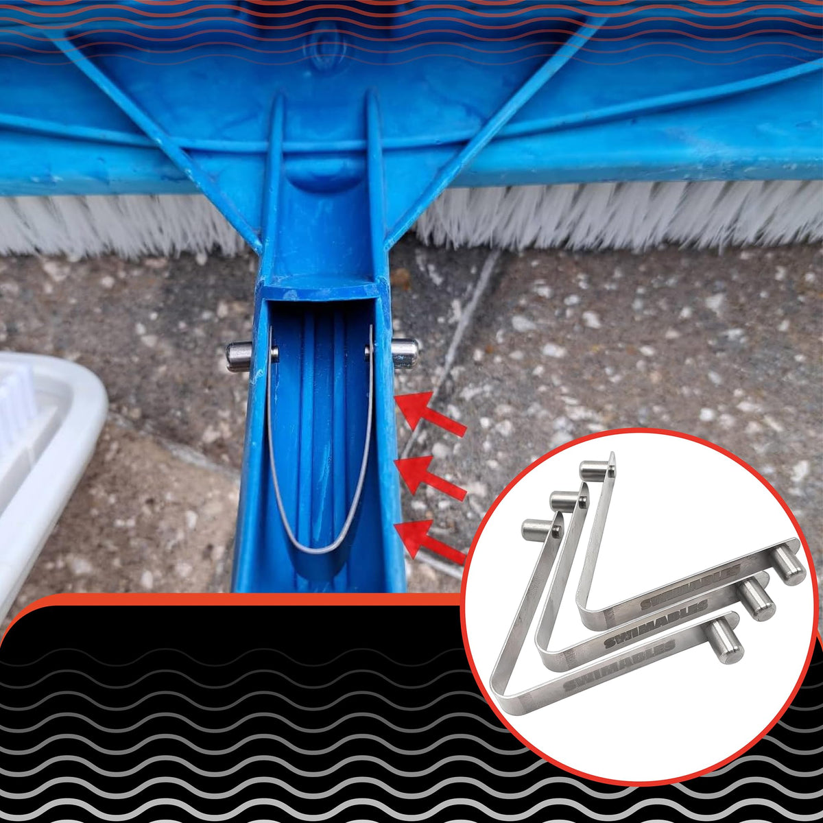 Swimables V-Clip compatibility highlights versatile tool attachment options.