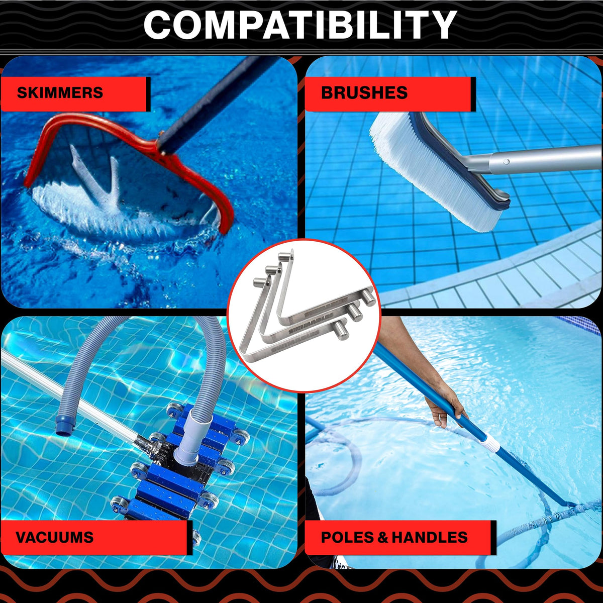 Swimables V-Clip in use on an inground pool setup with spa net.