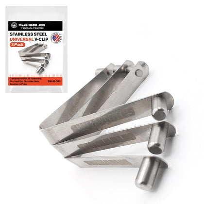 Swimables V-Clip kit packaging with three durable stainless steel clips for pool tools.