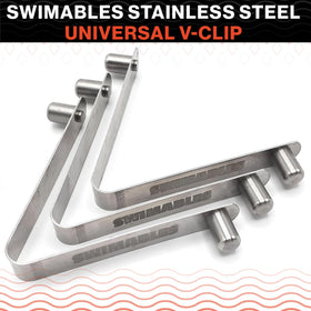 Close-up of Swimables stainless steel V-Clip showing rugged quality for nets.