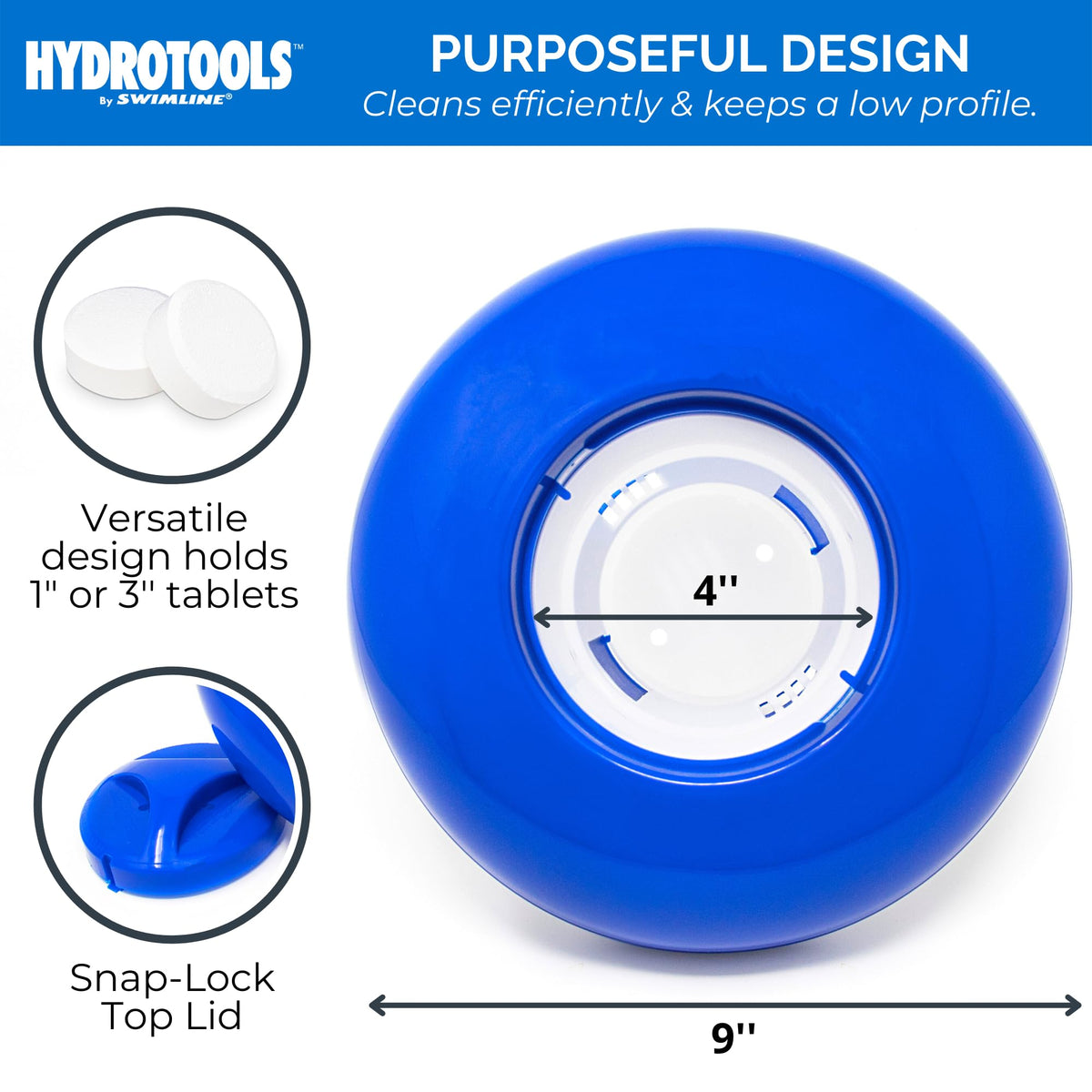 Blue and white Swimline HydroTools 8720 with secure cap in pool