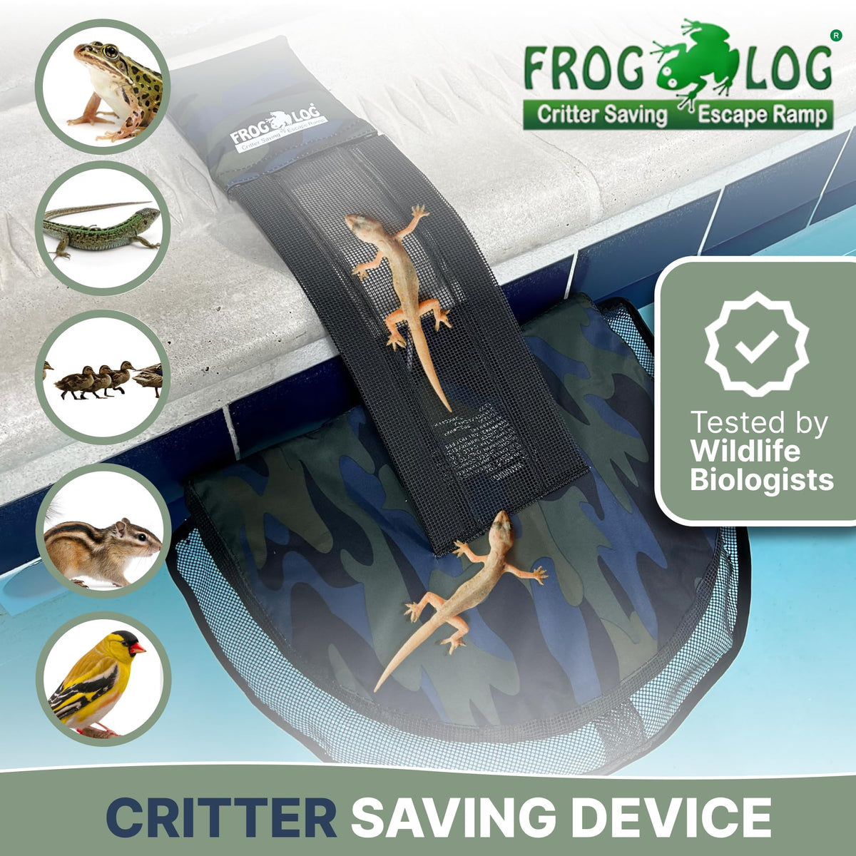Swimline HydroTools Frog Log wildlife safety design reduces risk of drowning for backyard pools.