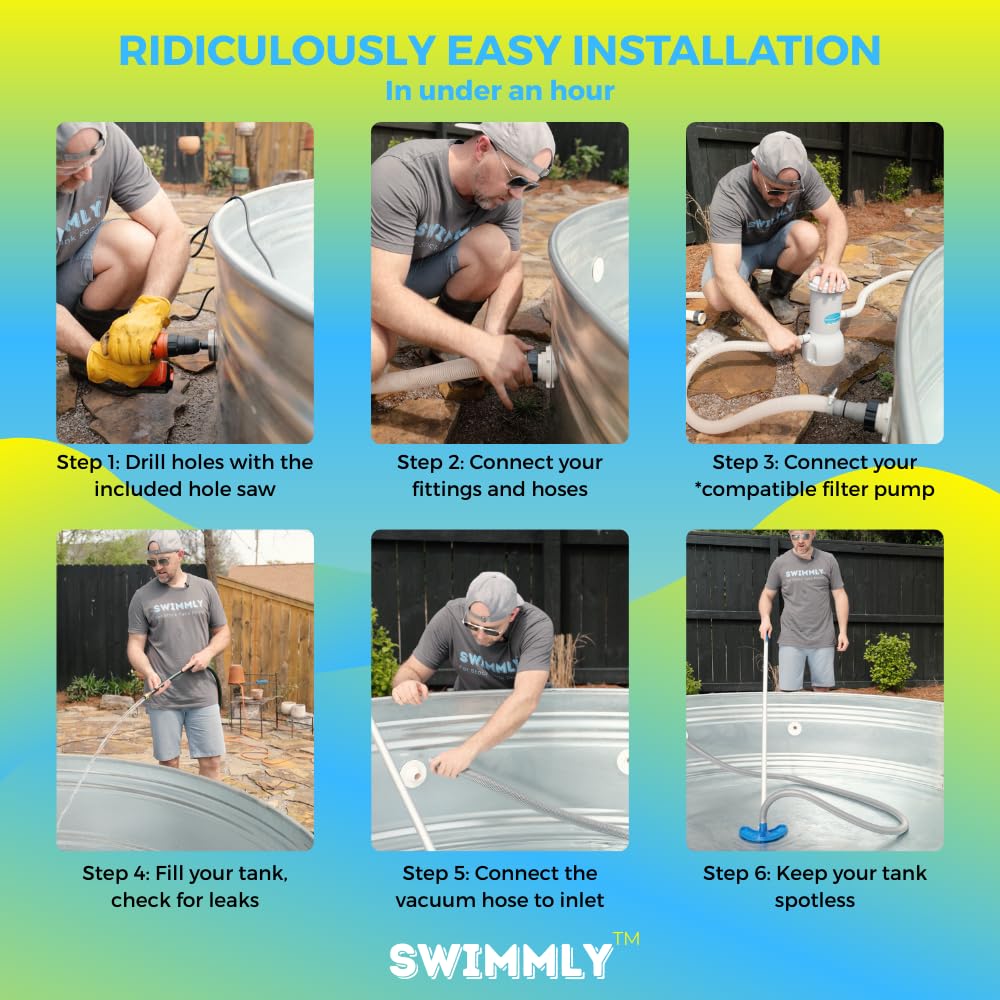Swimmly stock-tank pool kit fittings for easy, leak-free connections.