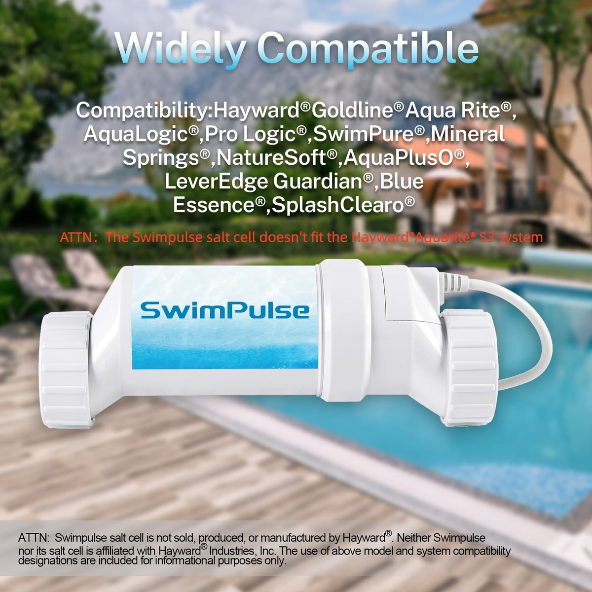 Compact Swimpulse salt cell fits tight pool plumbing spaces.