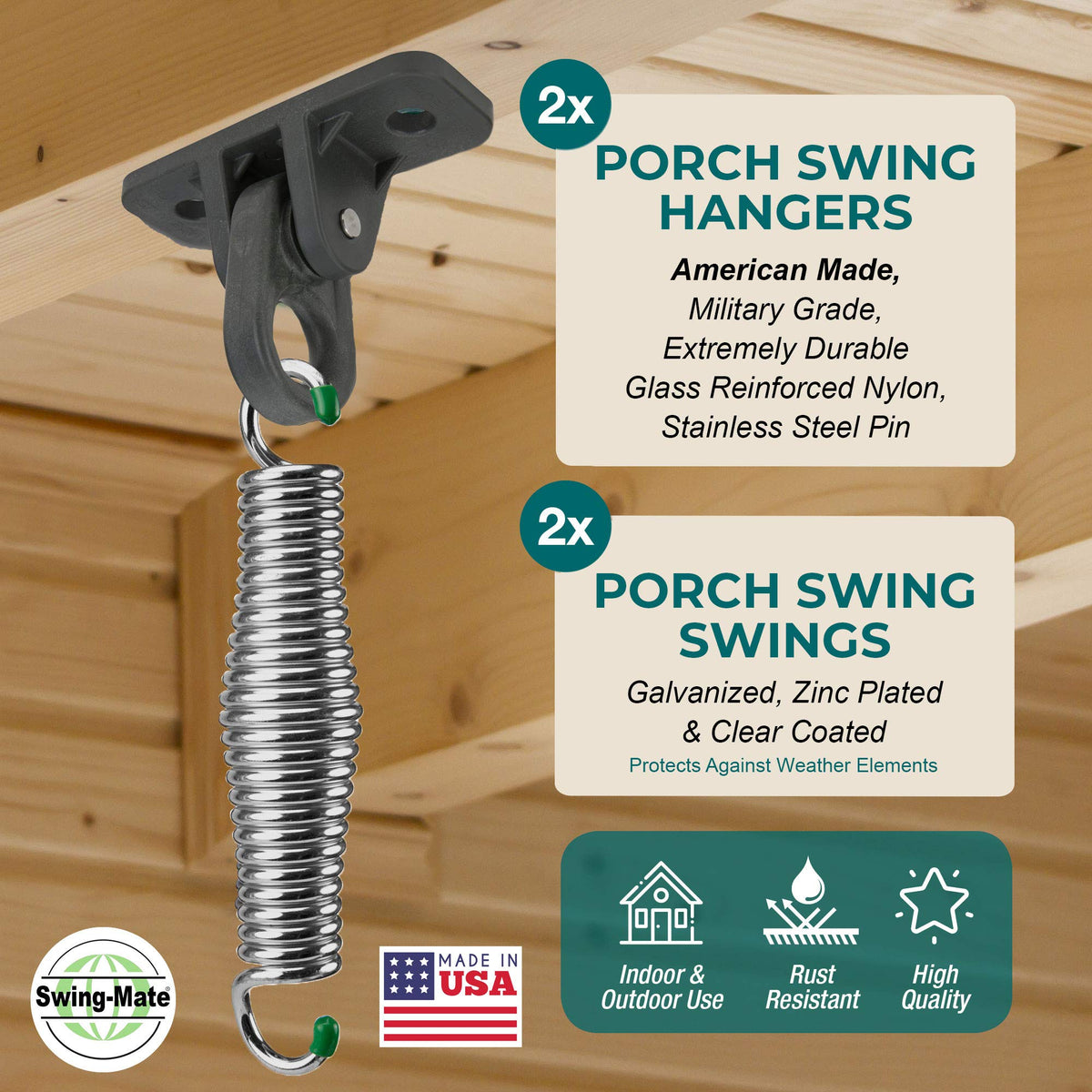 SwingMate patio-swing-hangers closeup highlighting smooth springs for quiet movement.