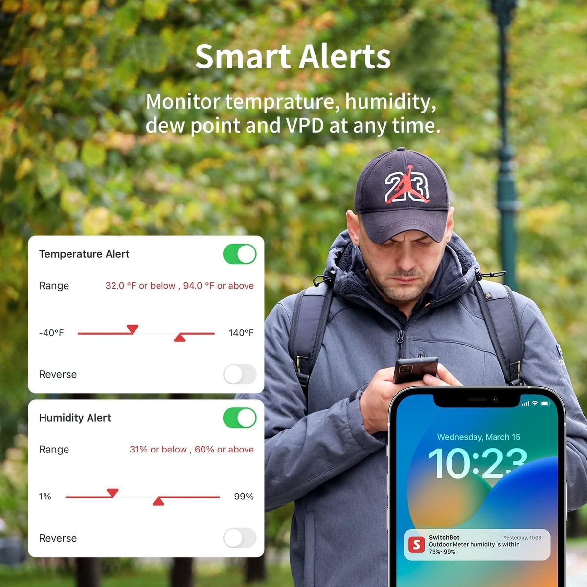 SwitchBot app notifications dashboard shows real-time temperature and humidity alerts.