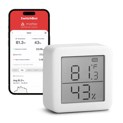 SwitchBot Room Thermometer Hygrometer LED display shows current temperature and humidity at a glance.