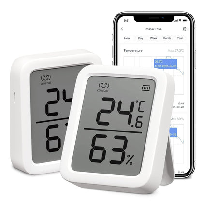 SwitchBot Thermometer Hygrometer with large LCD display for quick, precise room readings.