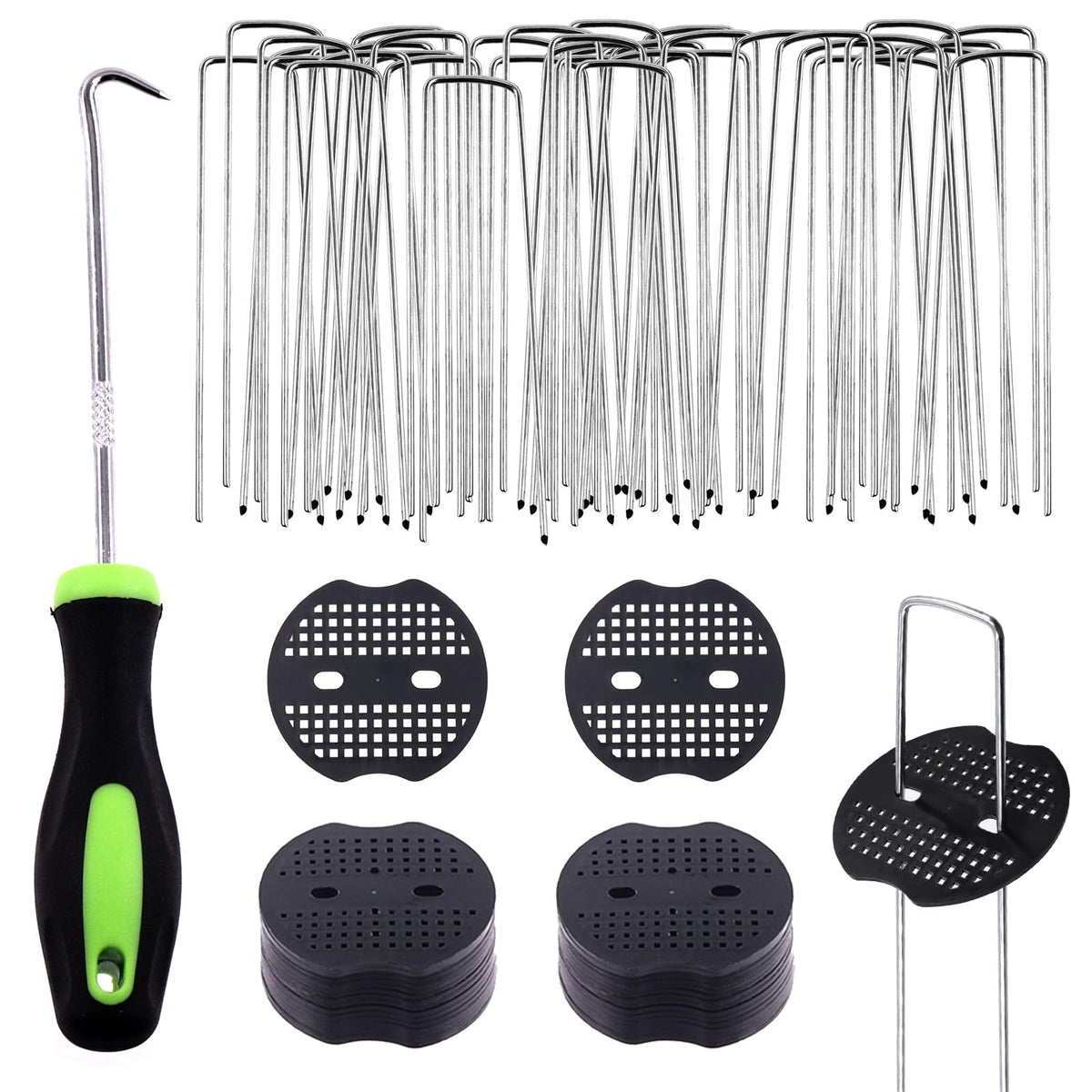 Swpeet U-shaped landscape stakes and staples for secure fabric anchoring.