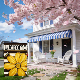 SXDMHYB closeup of sunflowers and bees flag with rich colors