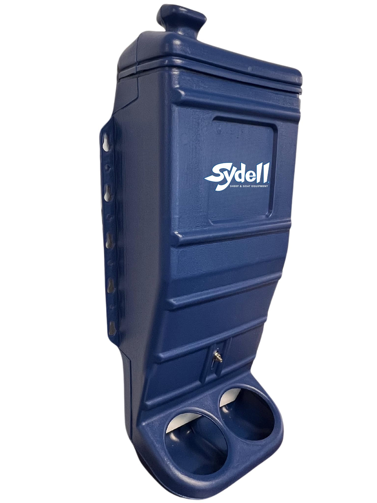 Sydell grain mineral feeder front view for sheep and goats, outdoor ready.