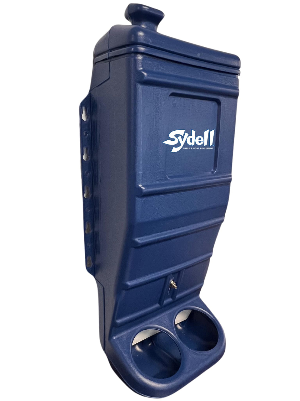 Sydell grain mineral feeder front view for sheep and goats, outdoor ready.