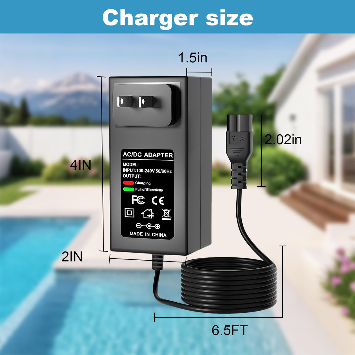 SYFLYH 25.2V output specs for home pool care.